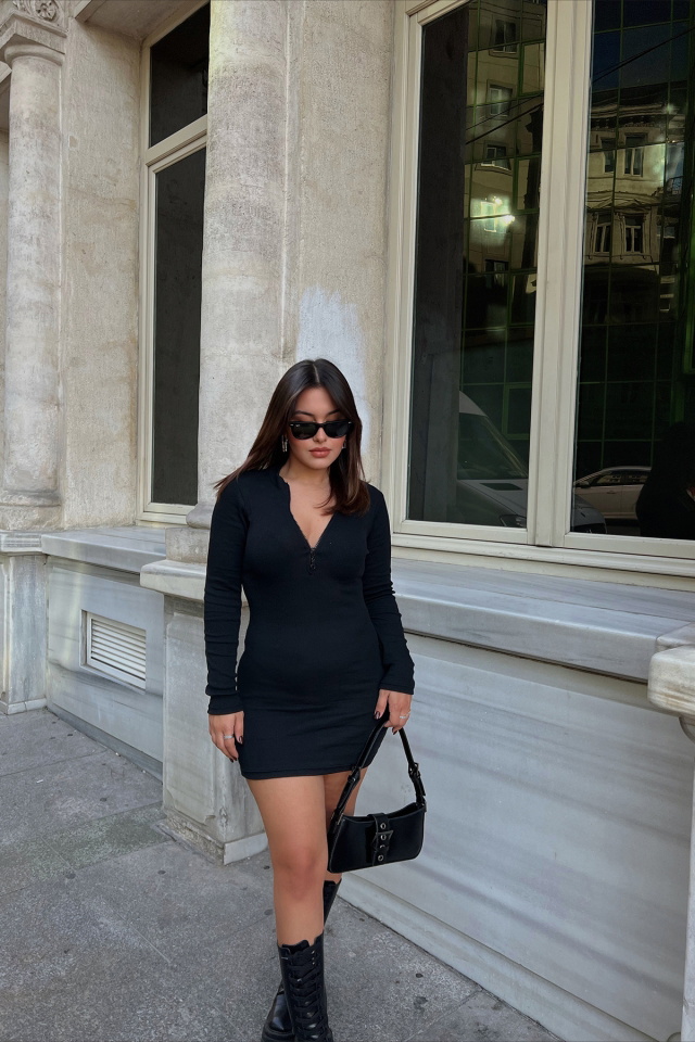 Black Zippered Mini Dress ATE2238 - 2