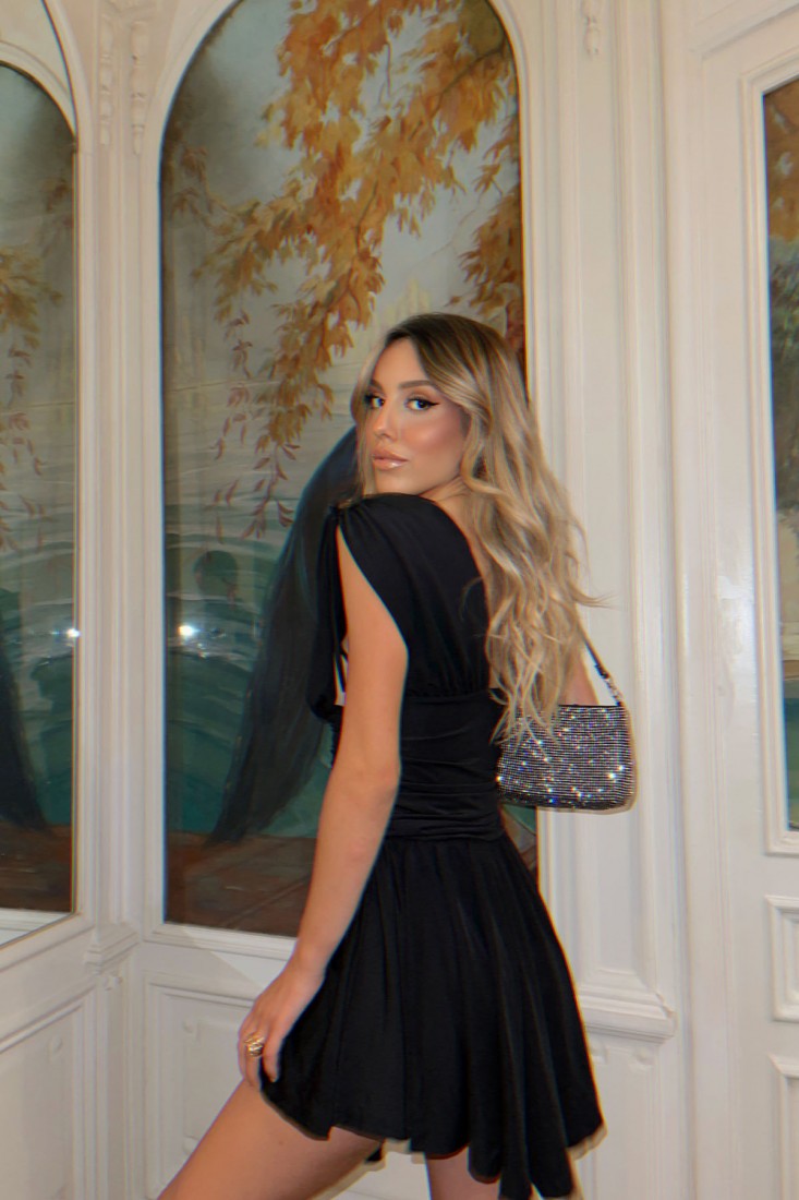 Black Decollete Detail Mini Dress KK25 - EYYO