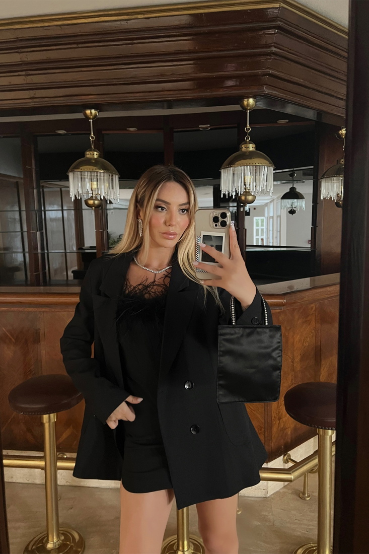 Black Double Breasted Collar Jacket ATE1641 - EYYO TOPTAN