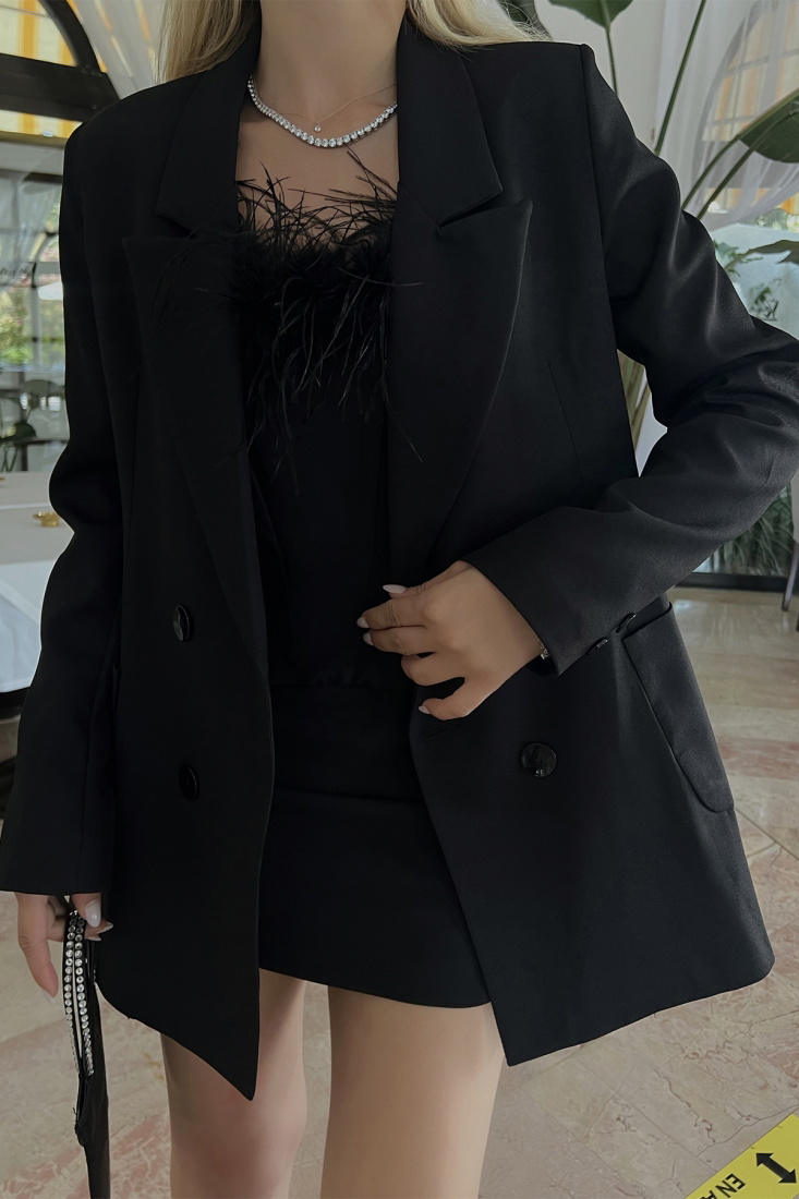Black Double Breasted Collar Jacket ATE1641 - EYYO TOPTAN