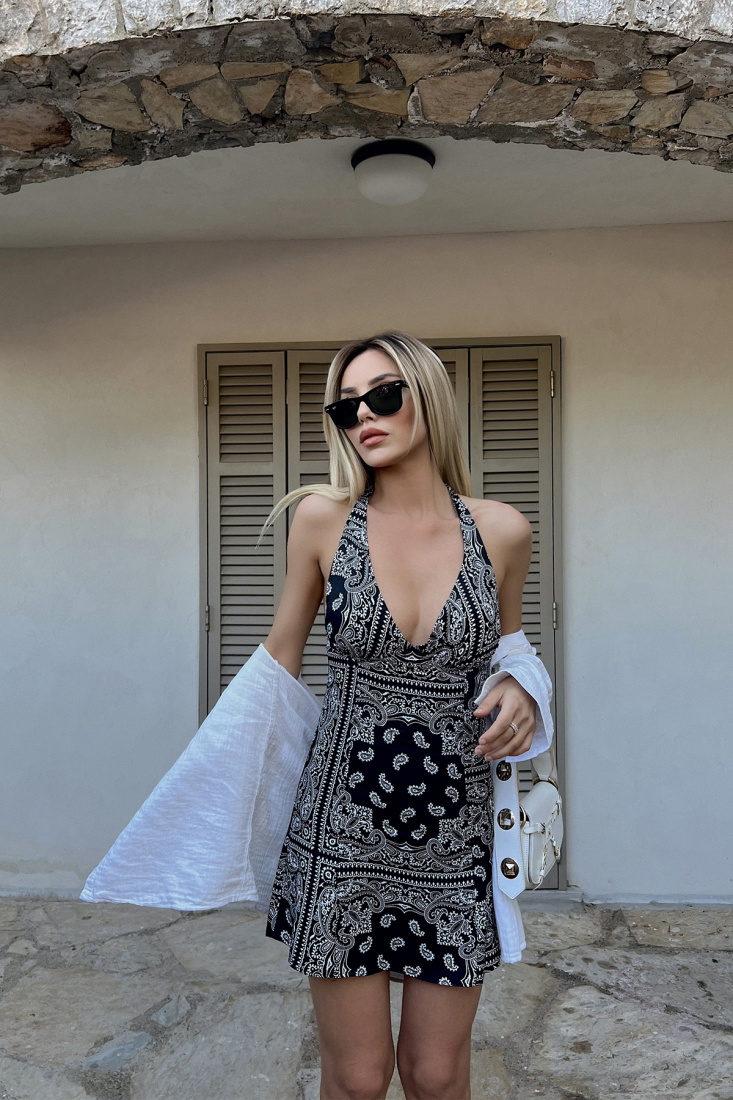 Black Ethnic Pattern Sateen Dress ATE1582 - KALİMERA