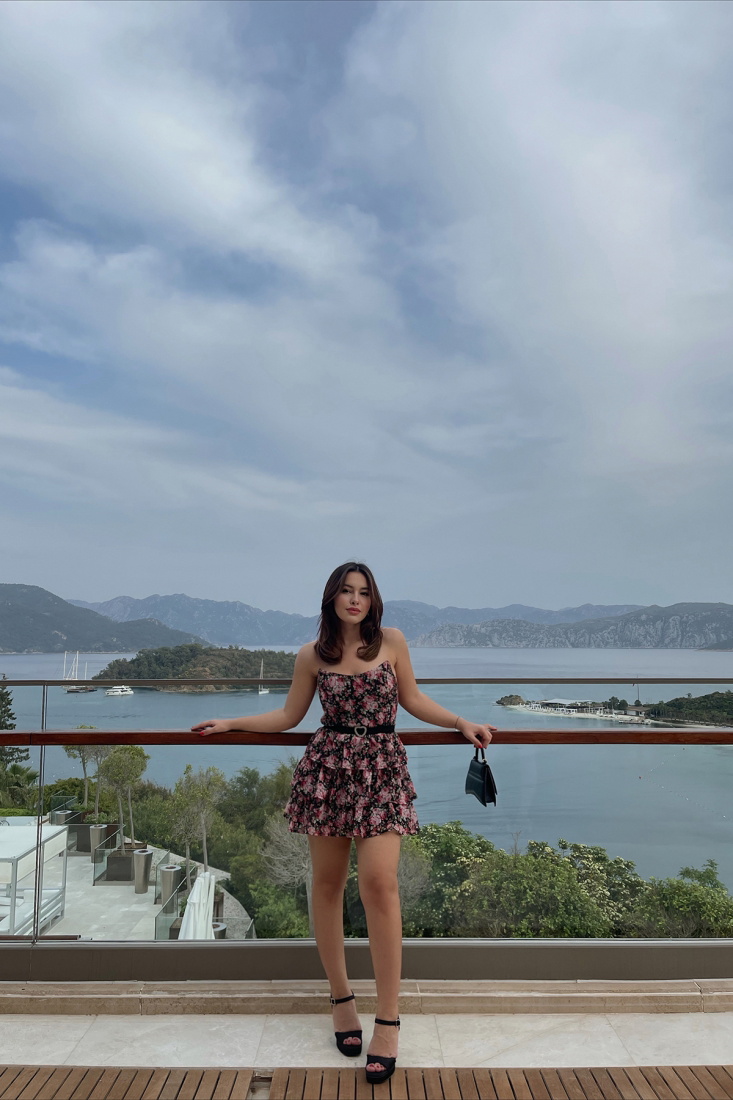 Black Floral Dress With Belt ATE1269 - EYYO ATELIER