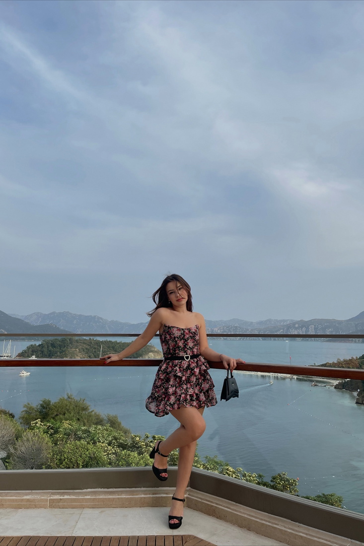 Black Floral Dress With Belt ATE1269 - EYYO ATELIER