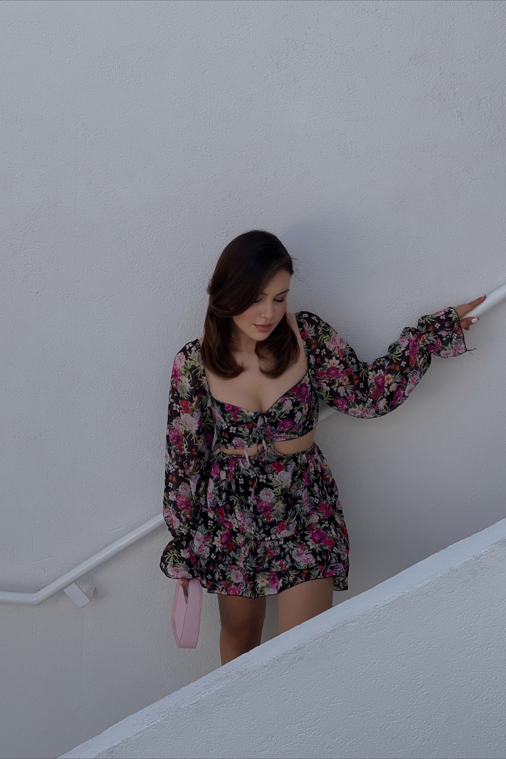 Black Floral Mini Dress ATE1486 - EYYO ATELIER