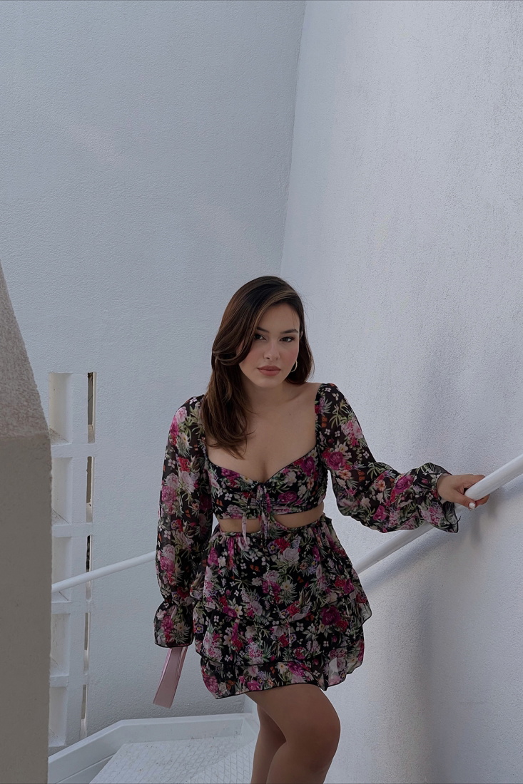 Black Floral Mini Dress ATE1486 - EYYO ATELIER