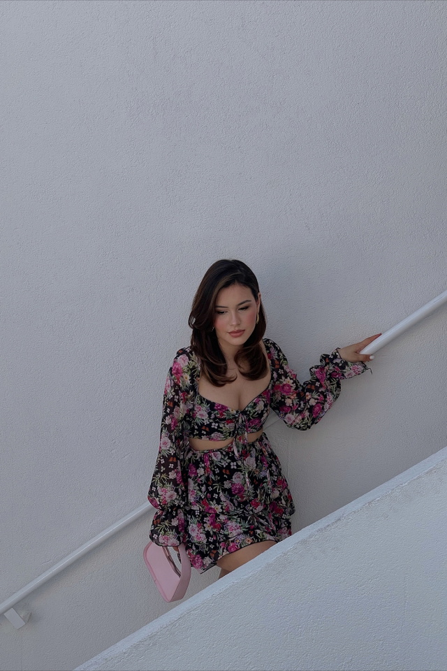 Black Floral Mini Dress ATE1486 - 5
