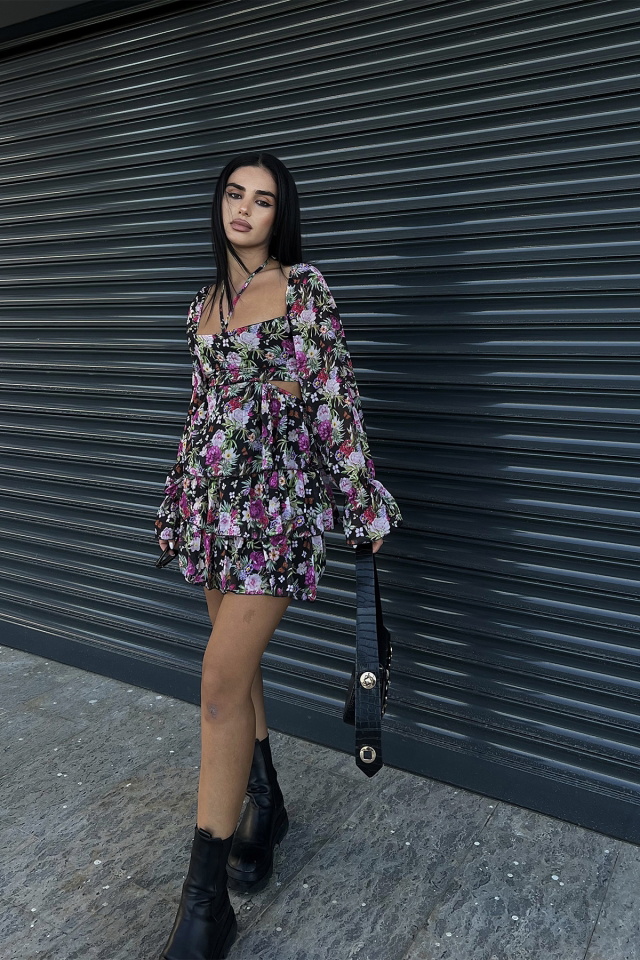 Black Floral Mini Dress ATE1486 - 6