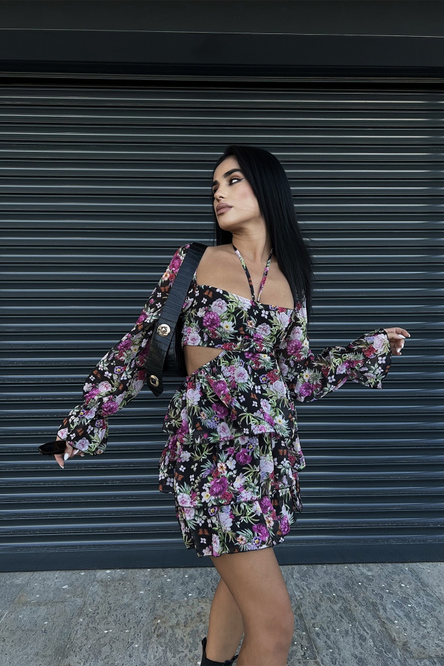 Black Floral Mini Dress ATE1486 - 9