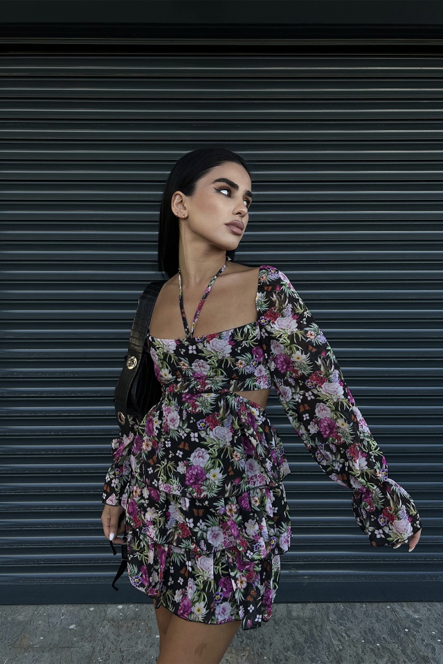 Black Floral Mini Dress ATE1486 - 4