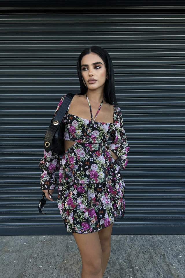 Black Floral Mini Dress ATE1486 - 2
