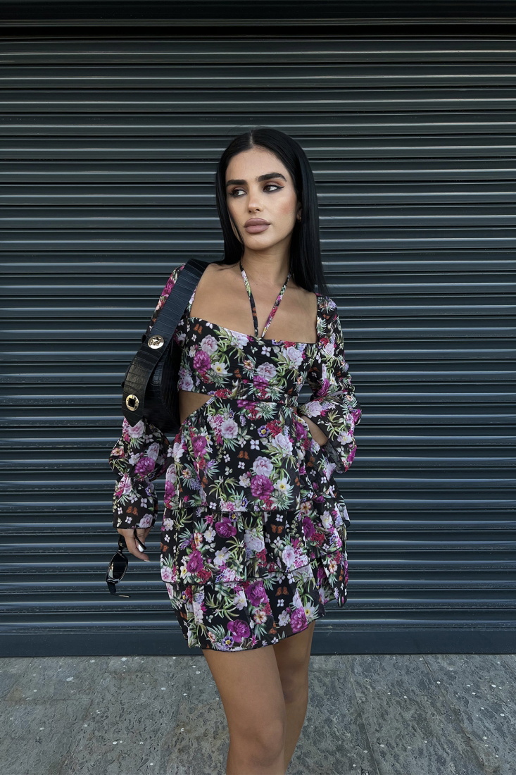 Black Floral Mini Dress ATE1486 - EYYO ATELIER