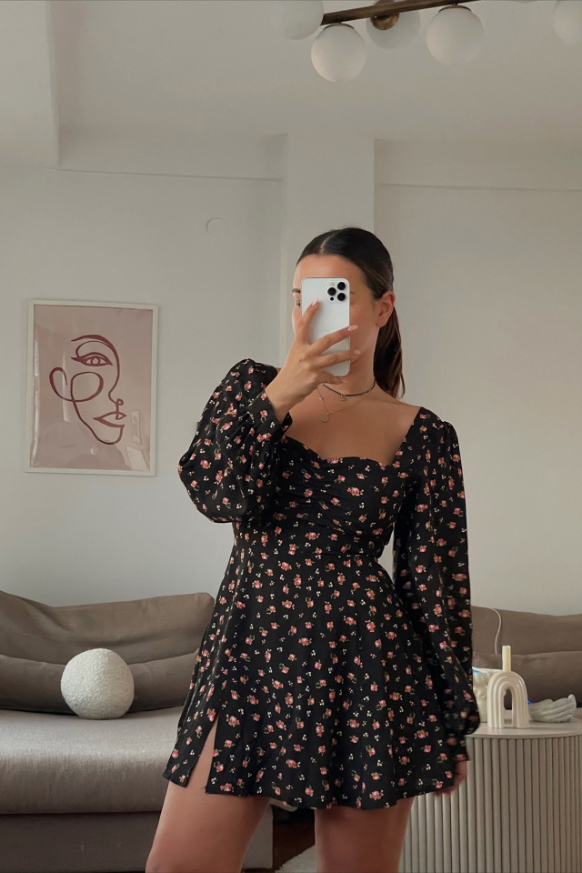 Black Floral Slit Detail Dress ATE1703 - 2