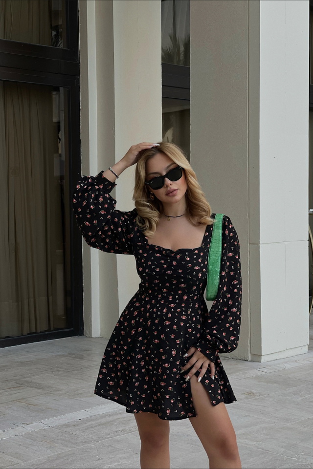 Black Floral Slit Detail Dress ATE1703 - 1