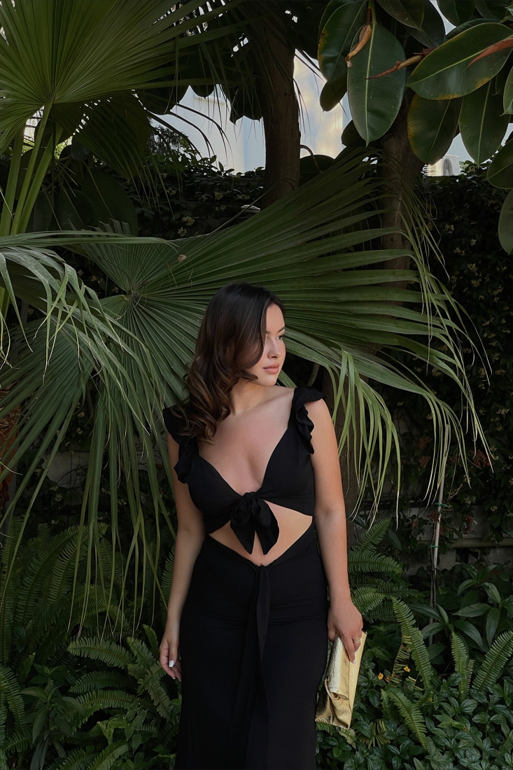 Black Front Open Detail Dress ATE1532 - EYYO ATELIER