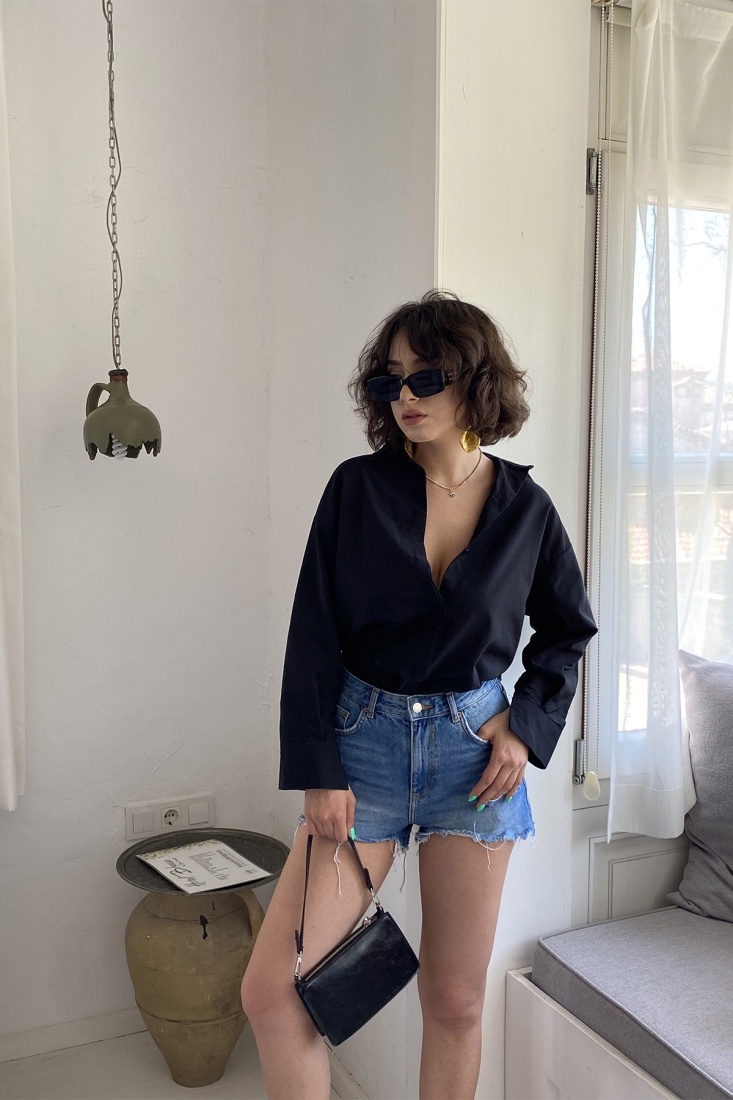 Black Sateen Shirt ATE1404 - Roserya