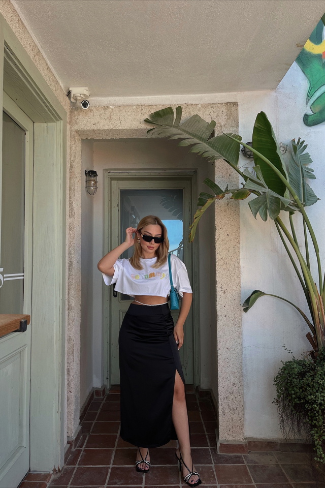 Black Sateen Slit Skirt ATE1656 - 2