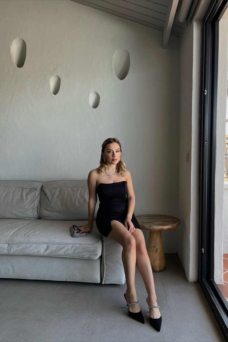 Black Slit Detail Mini Dress ATE1291 - DEPPOT