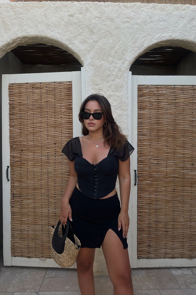 Black Tulle Sleeve Crop Top ATE1759 - 1