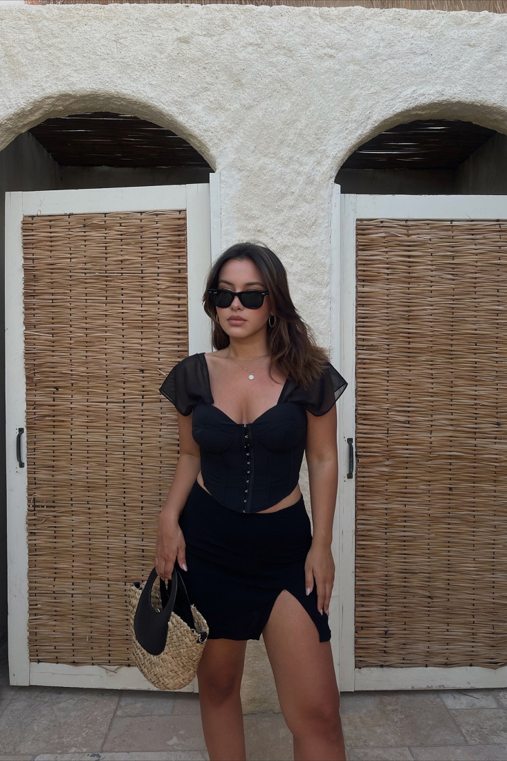 Black Tulle Sleeve Crop Top ATE1759 - SEVENDAY