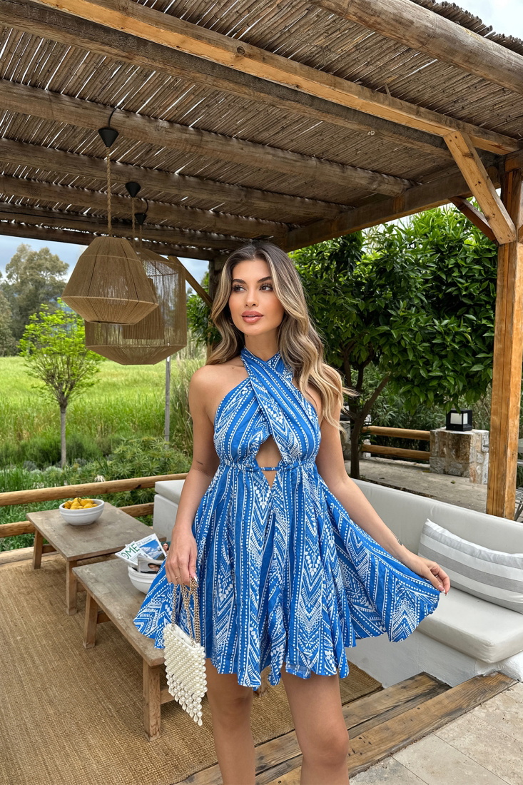 Blue Etnic Pattern Back Detail Dress ATE6355 - EYYO