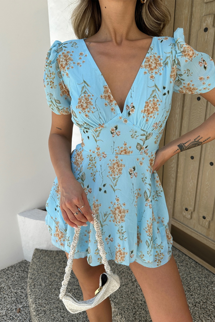 Blue Flower Pattern V Collar Mini Dress ATE6988 - EYYO