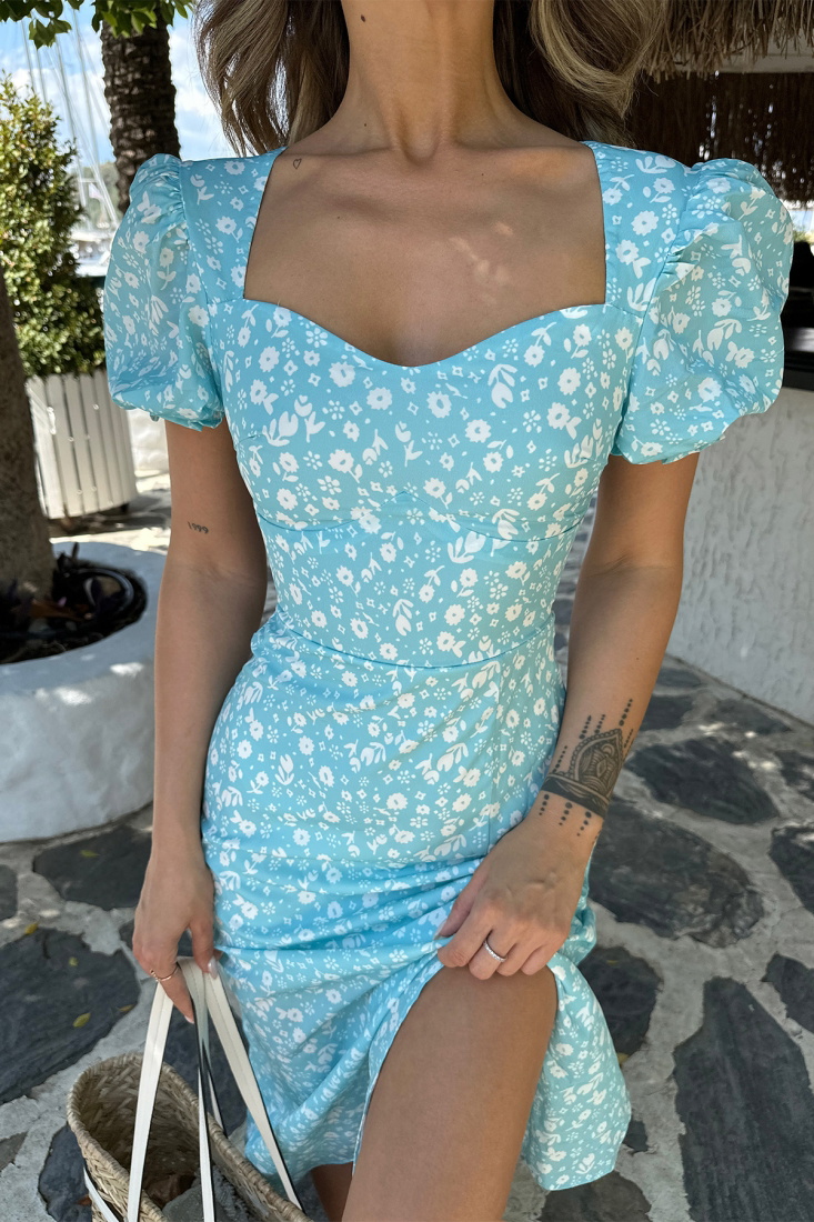 Blue Hearth Collar Deep Slit Dress ATE6990 - EYYO