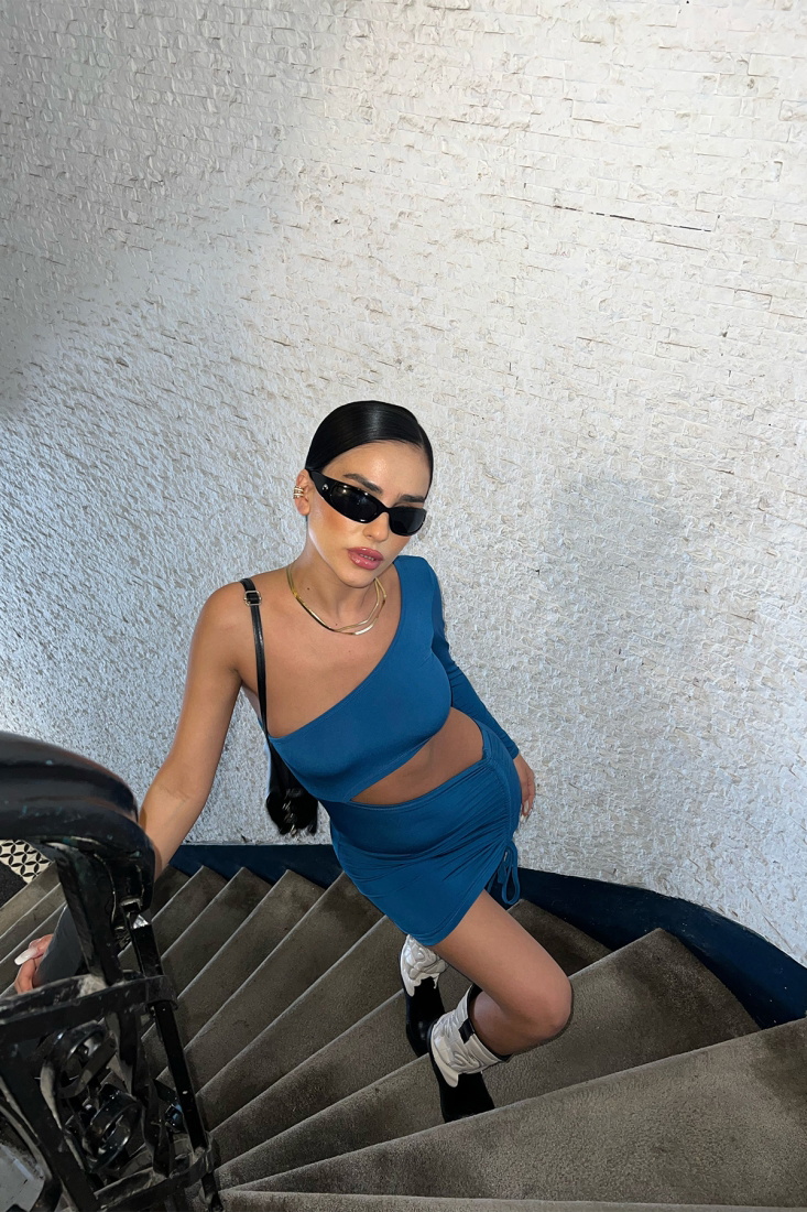 Blue Single Sleeve Gathered Mini Dress ATE6978 - EYYO