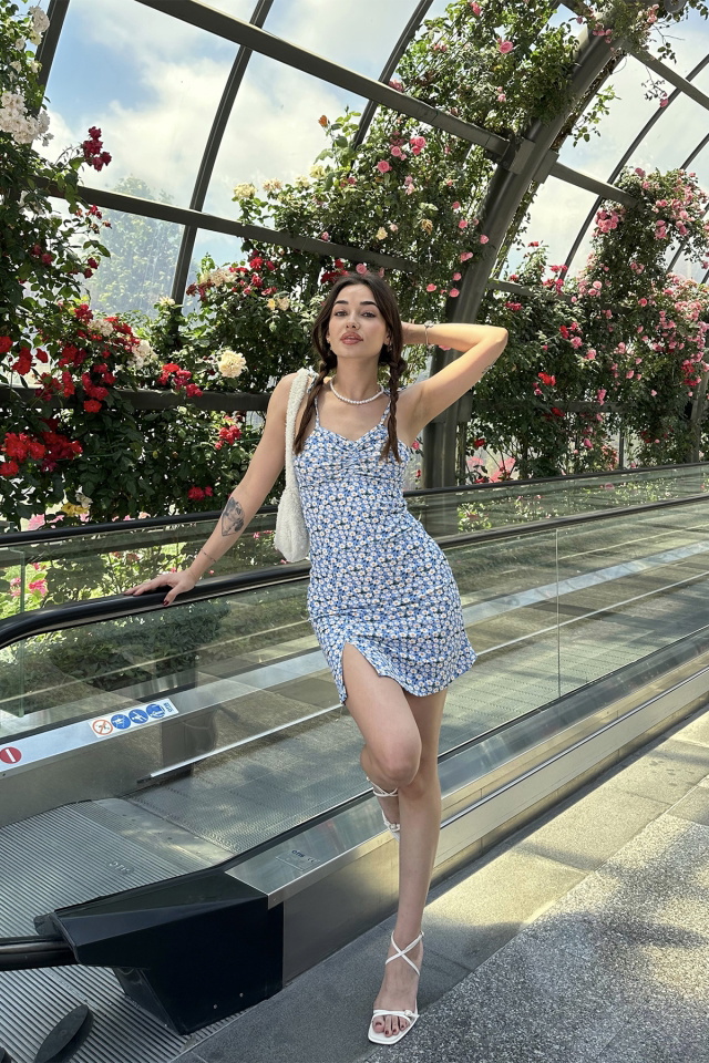 Blue Slit Detail Flower Pattern Dress ATE7144 - 4