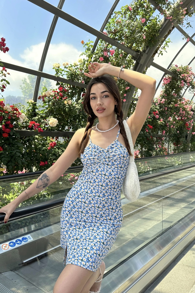Blue Slit Detail Flower Pattern Dress ATE7144 - 1