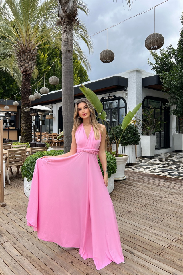 Boleyn Pembe Bağlamalı Uzun Elbise ATE4583 