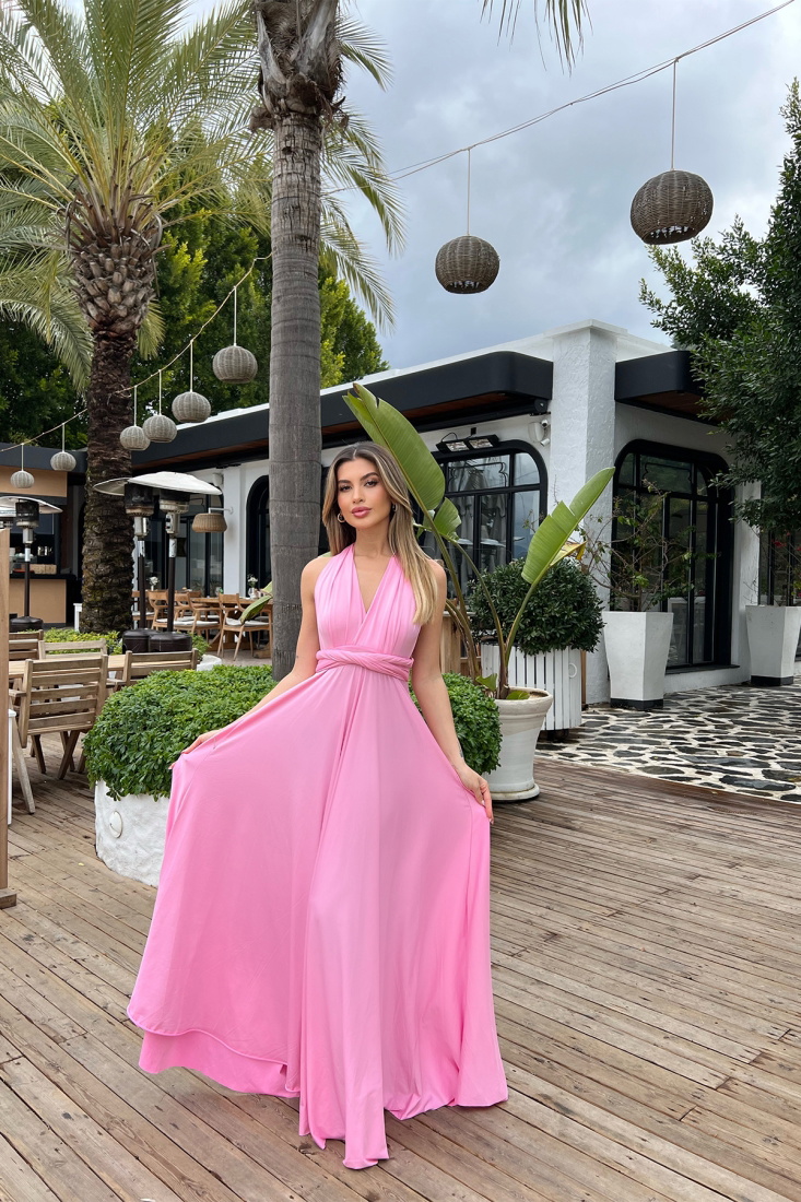 Boleyn Pembe Bağlamalı Uzun Elbise ATE4583 - EYYO