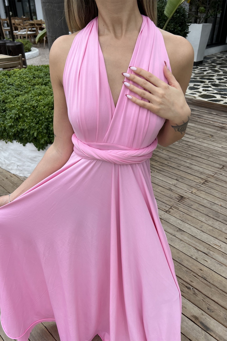 Boleyn Pembe Bağlamalı Uzun Elbise ATE4583 - EYYO