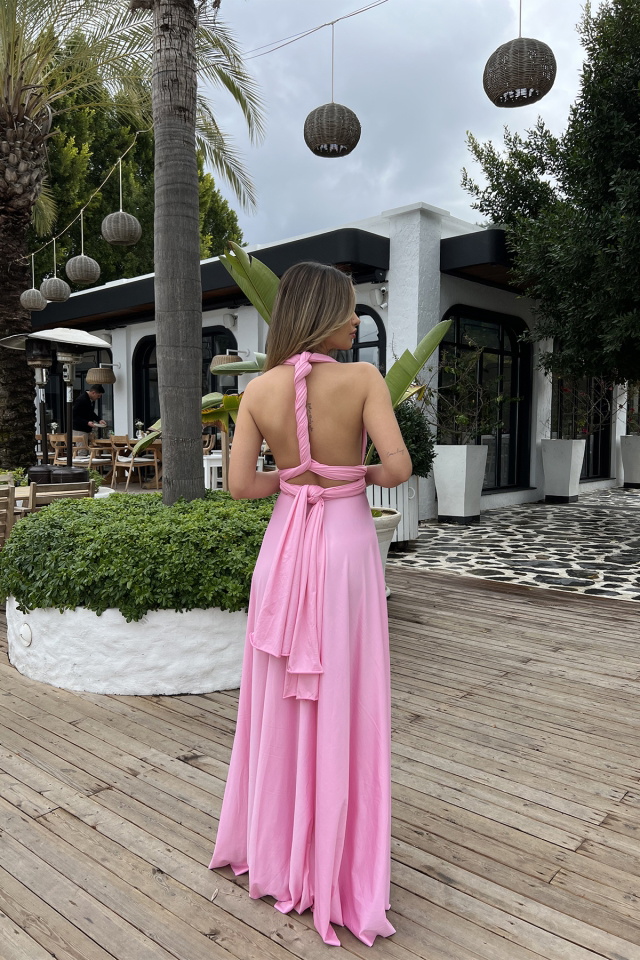 Boleyn Pembe Bağlamalı Uzun Elbise ATE4583 - 5