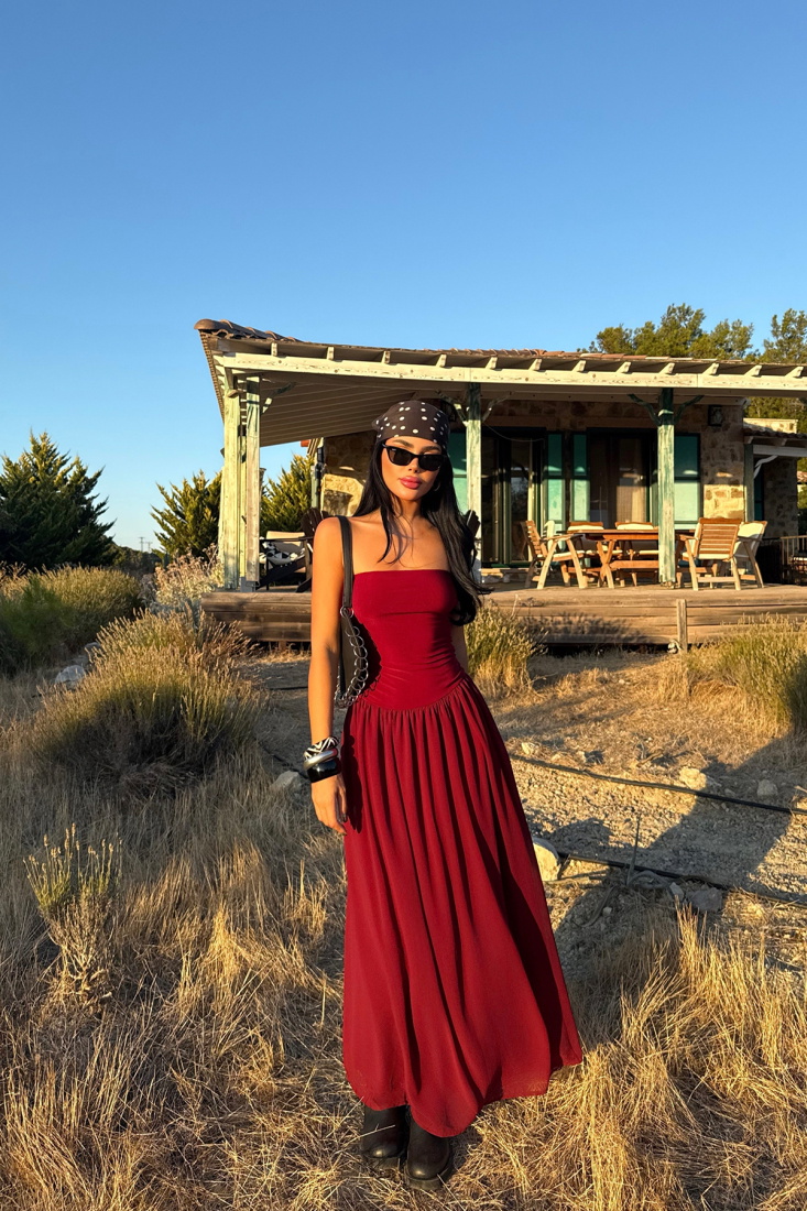 Bordo Damson Uzun Elbise ATE-3610 - EYYO