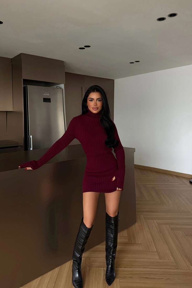 Bordo Zurih Triko Elbise ATE-4426 - EYYO