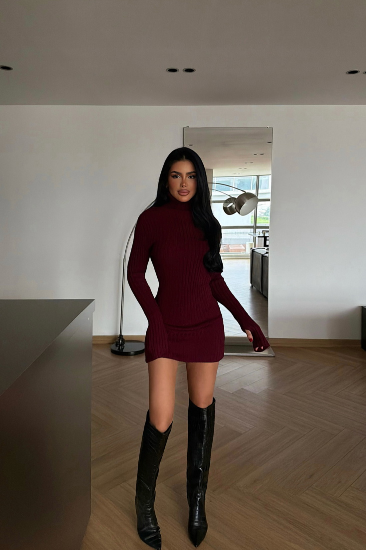 Bordo Zurih Triko Elbise ATE-4426 - EYYO