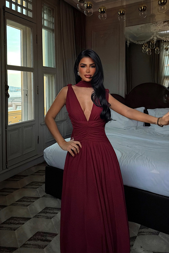 Bordo Lucyna Uzun Tül Elbise ATE-4211 - 2
