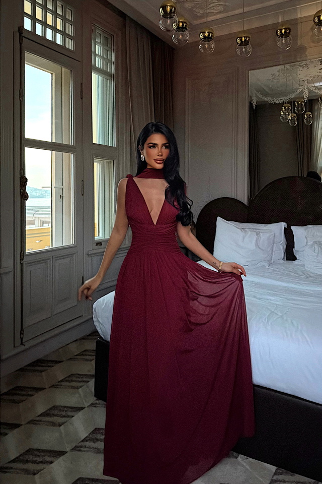 Bordo Lucyna Uzun Tül Elbise ATE-4211 - 3