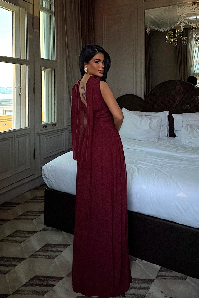 Bordo Lucyna Uzun Tül Elbise ATE-4211 - 4