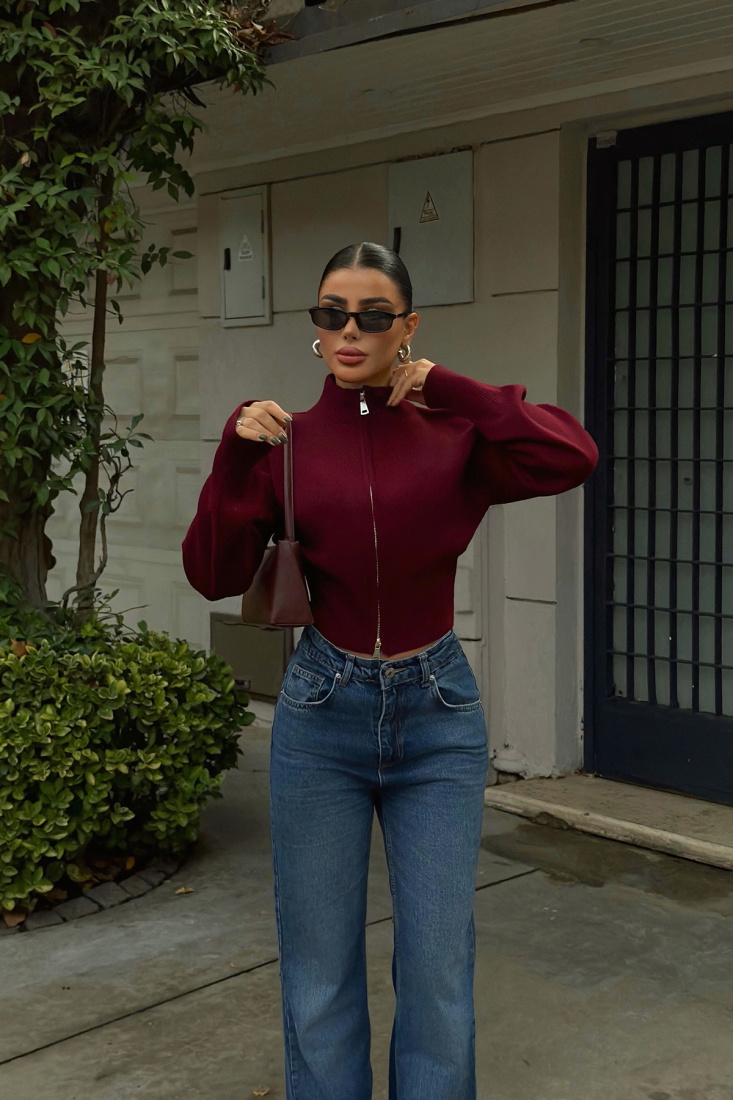 Bordo Balboa Çift Fermuarlı Triko Hırka ATE-3894 - EYYO