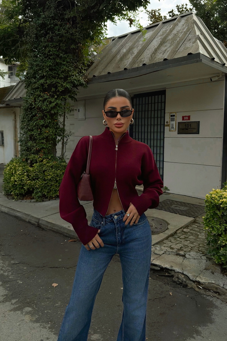 Bordo Balboa Çift Fermuarlı Triko Hırka ATE-3894 - EYYO