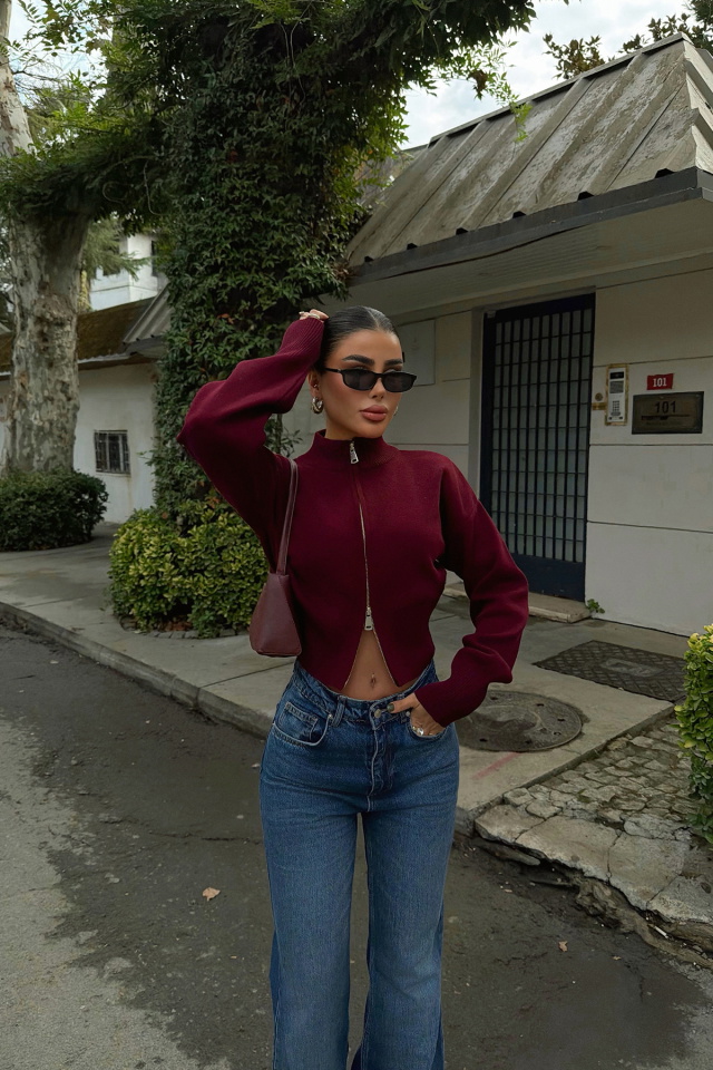 Bordo Balboa Çift Fermuarlı Triko Hırka ATE-3894 - 3