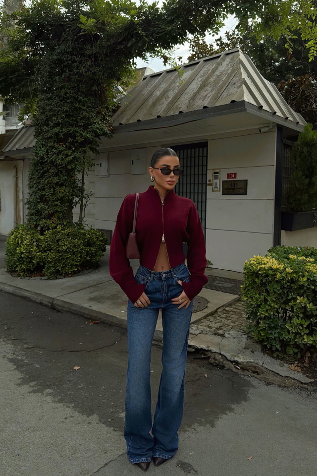 Bordo Balboa Çift Fermuarlı Triko Hırka ATE-3894 - 4