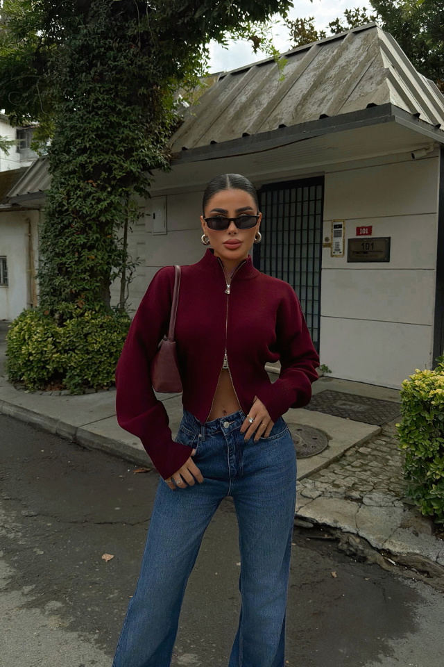 Bordo Balboa Çift Fermuarlı Triko Hırka ATE-3894 