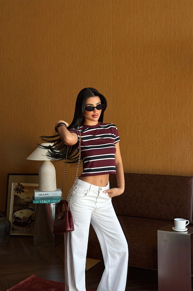 Bordo Çizgili Crop Top ATE-5501 - EYYO