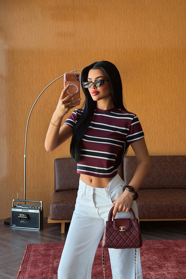Bordo Çizgili Crop Top