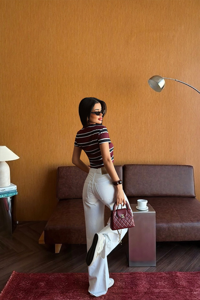 Bordo Çizgili Crop Top
