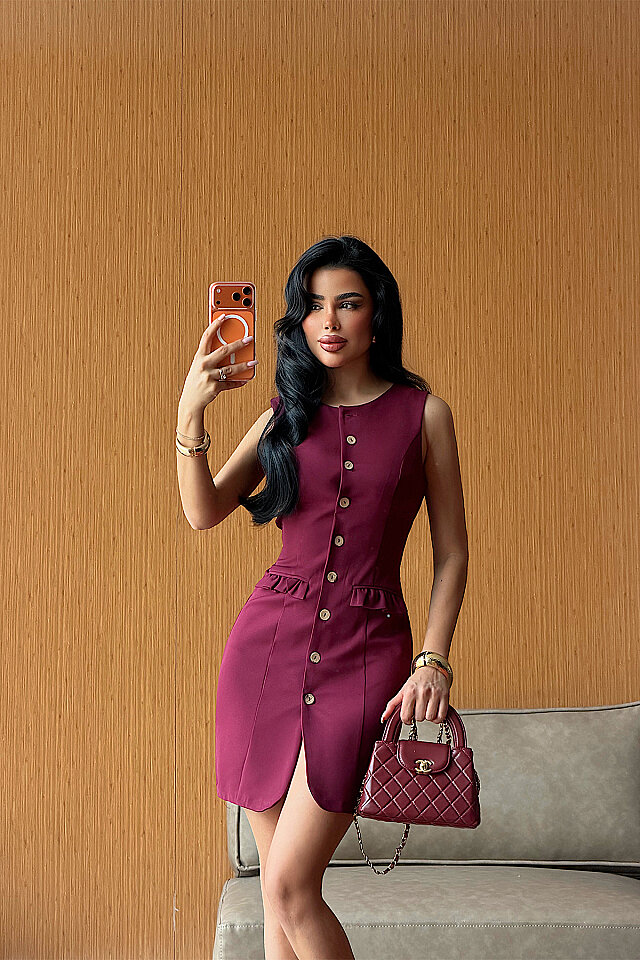 Bordo Düğmeli Elbise ATE-4029 - 2