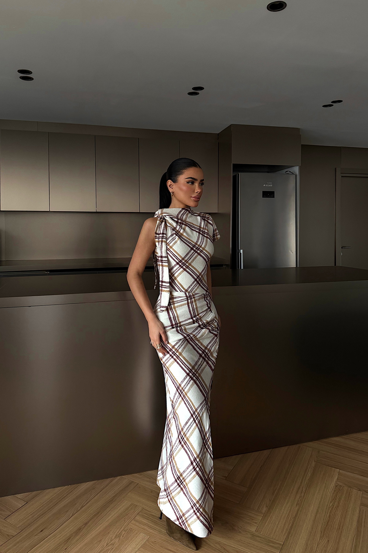 Bordo Aveline Desenli Yırtmaçlı Uzun Elbise - 3