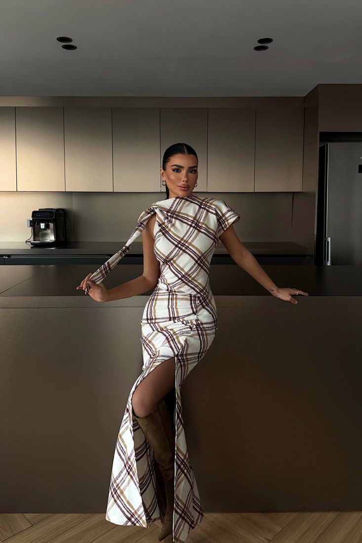 Bordo Aveline Desenli Yırtmaçlı Uzun Elbise ATE-4219 - EYYO